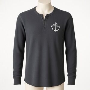 San FranPsycho Anchor Henley Thermal Long Sleeve Shirt Mens L Black USA Casual